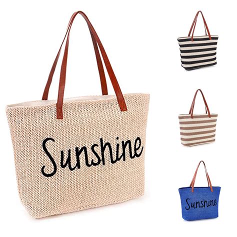 straw beach bag with zipper.